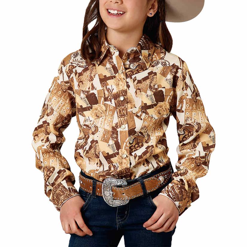 Roper Brown Texan Western Long Sleeve Girls Shirt