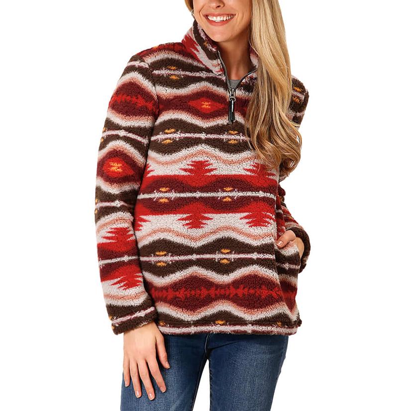 Roper Polar Fleece Red Aztec Print Quarter Zip Women's Pullover