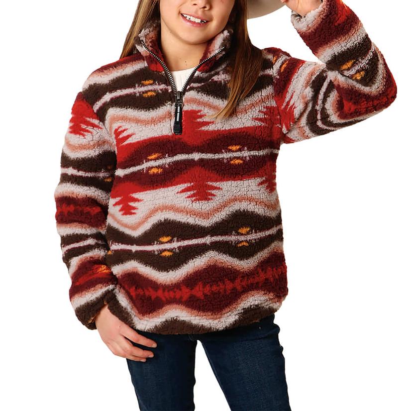 Roper Red Aztec Print Polar Fleece Girl's Pullover