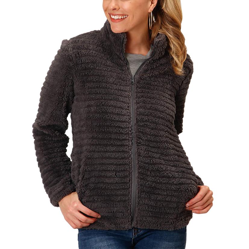 Roper Grey Horizontal Texture Zip Front Women's Jacket