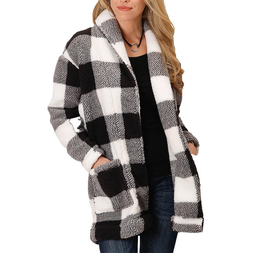 Roper Black and White Plaid Fleece Women's Cardigan