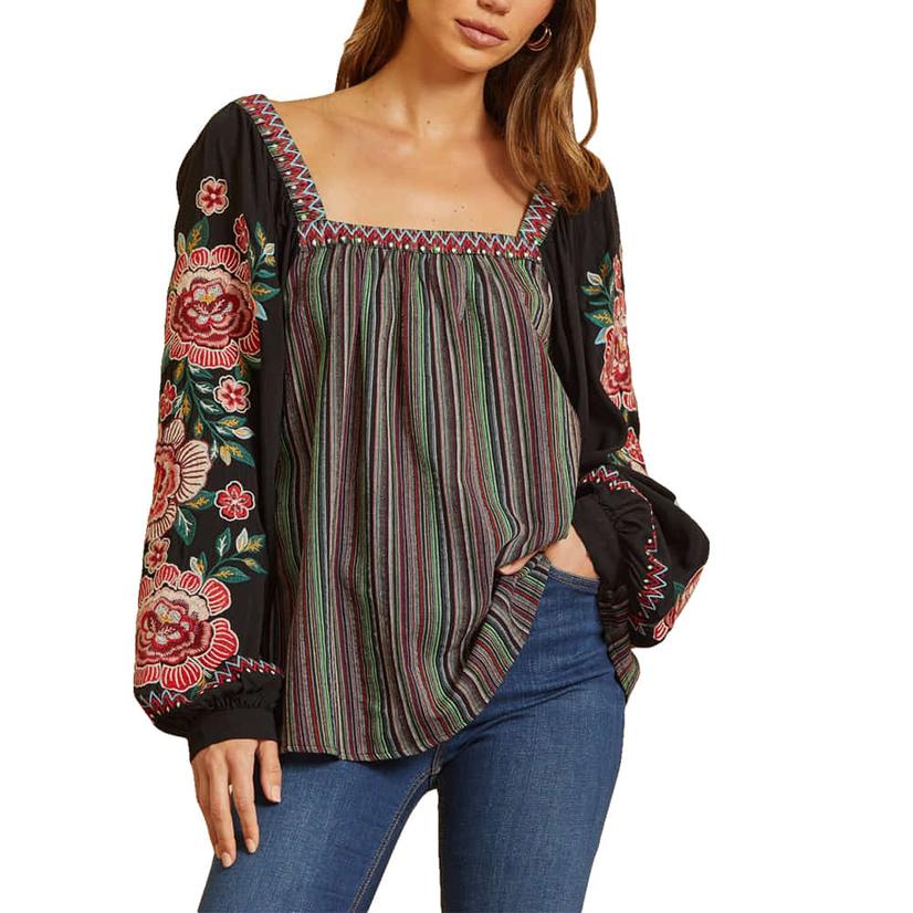 Savanna Jane Black Multi Colored Stripe Embroidered Long Sleeve Women's Blouse