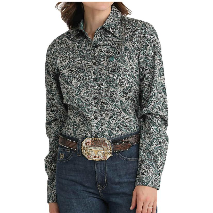 Cinch Women's Grey Paisley Long Sleeve Button-Down Shirt