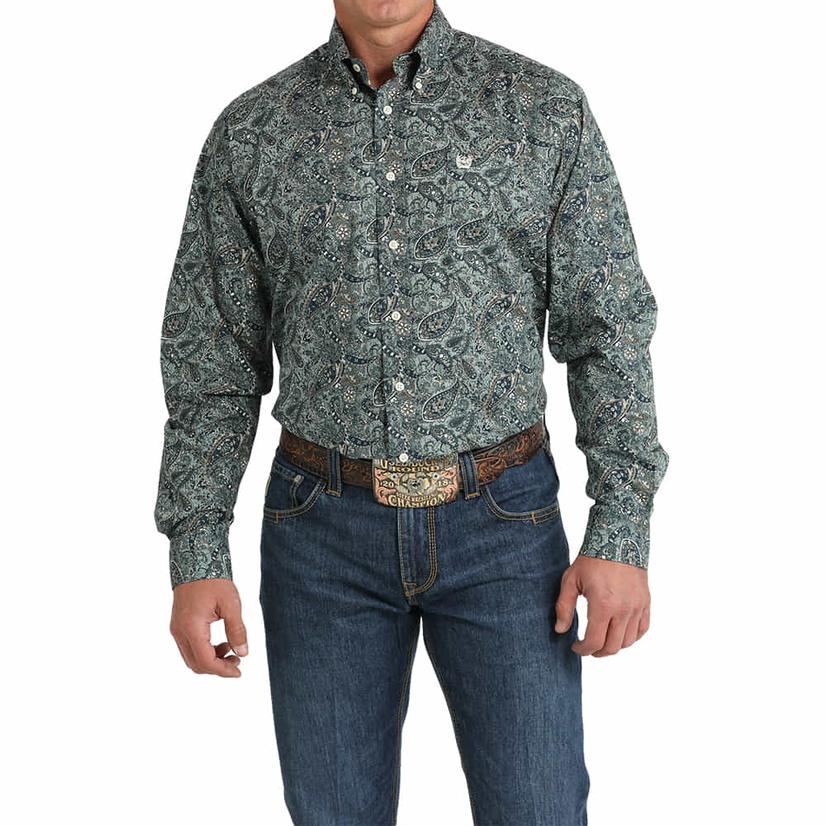 Cinch Men's Long Sleeve Button-Down Green Printed Shirt