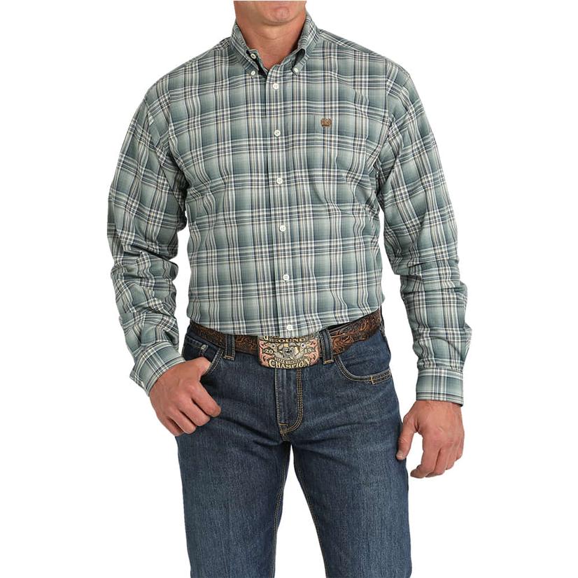 Cinch Green Plaid Long Sleeve Button-Down Men's Shirt