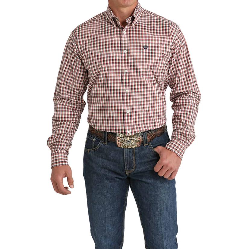 Cinch Men's Button-Down Cream Plaid Long Sleeve Shirt