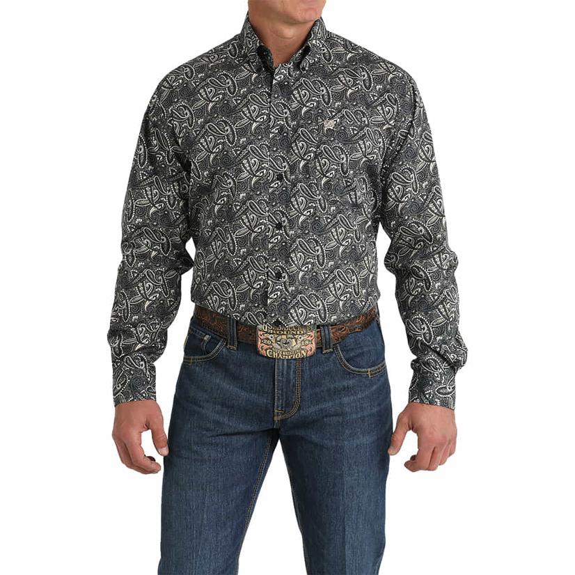 Cinch Button-Down Long Sleeve Black Printed Men's Shirt