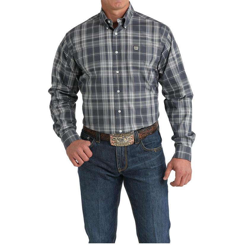 Cinch Men's Long Sleeve Button-Down Blue Plaid Shirt