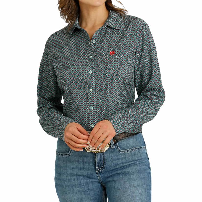 Cinch Arenaflex Multicolored Geo Print Long Sleeve Button-Down Women's Shirt