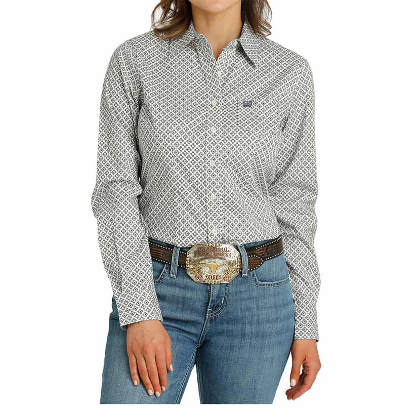 Cinch Cream Cotton Print Long Sleeve Button-Down Women's Shirt