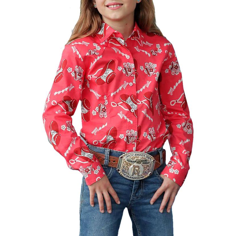 Cruel Girl Coral Cowgirl Print Long Sleeve Button-Down Girl's Shirt