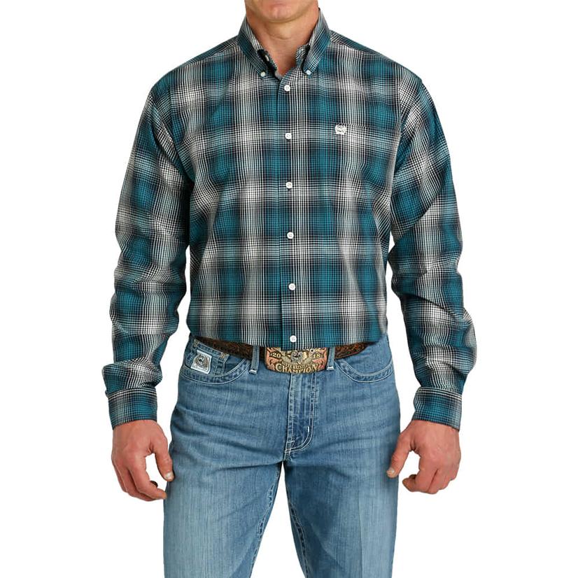 Cinch Plaid Teal Button-Down Long Sleeve Men's Shirt