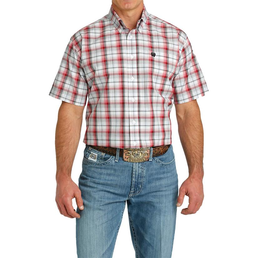 Cinch Short Sleeve Plaid White Men's Button-Down Shirt