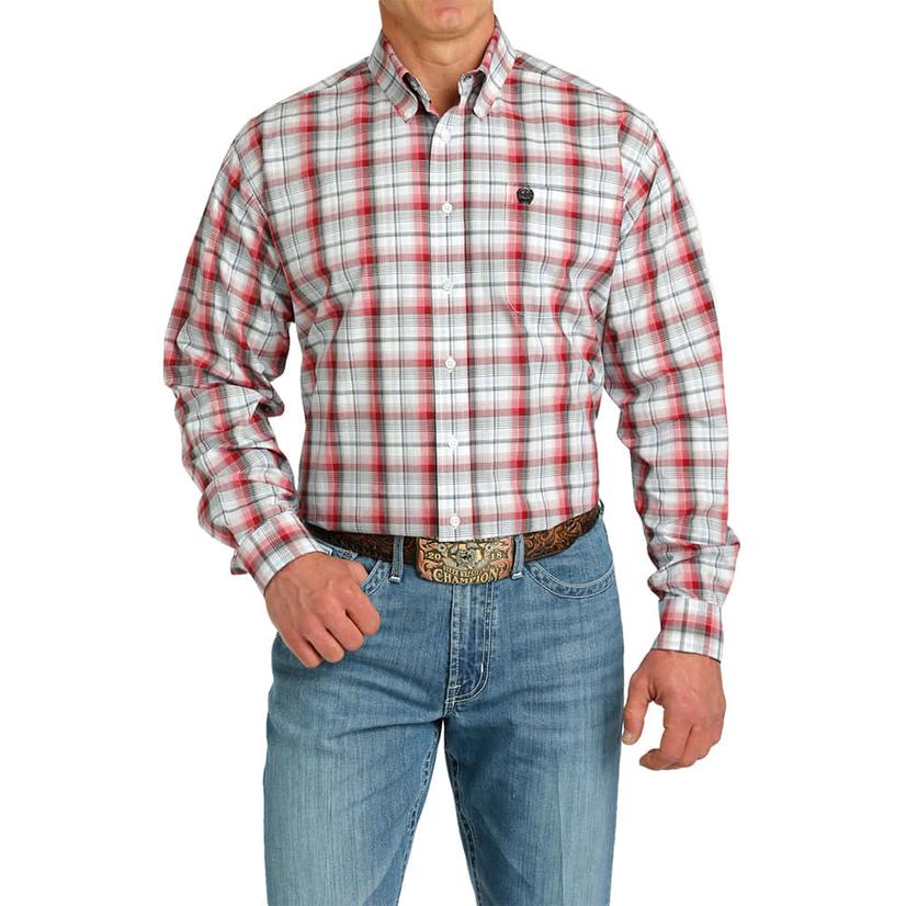 Cinch Long Sleeve White Plaid Button-Down Men's Shirt