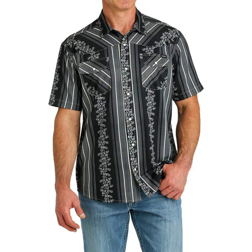 Cinch Short Sleeve Black Camp Striped Snap Men's Shirt