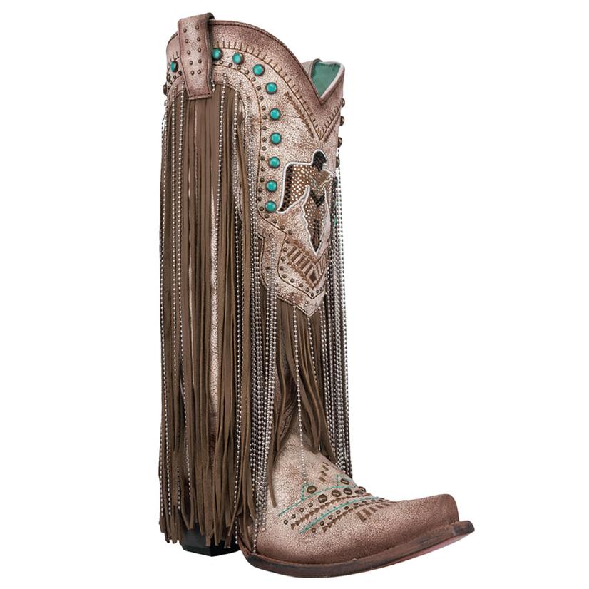 Corral Women's Beige Embroidery LD Crystal Eagle And Lamb Fringe Boots