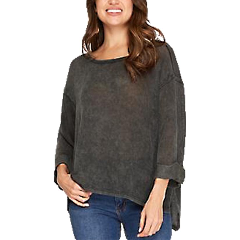 She + Sky Cuff Sleeve Hi Low Charcoal Knit Women's Top