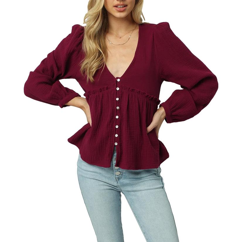 Dear John Denim Fuchsia Oaklyn Long Sleeve Peplum Women's Blouse