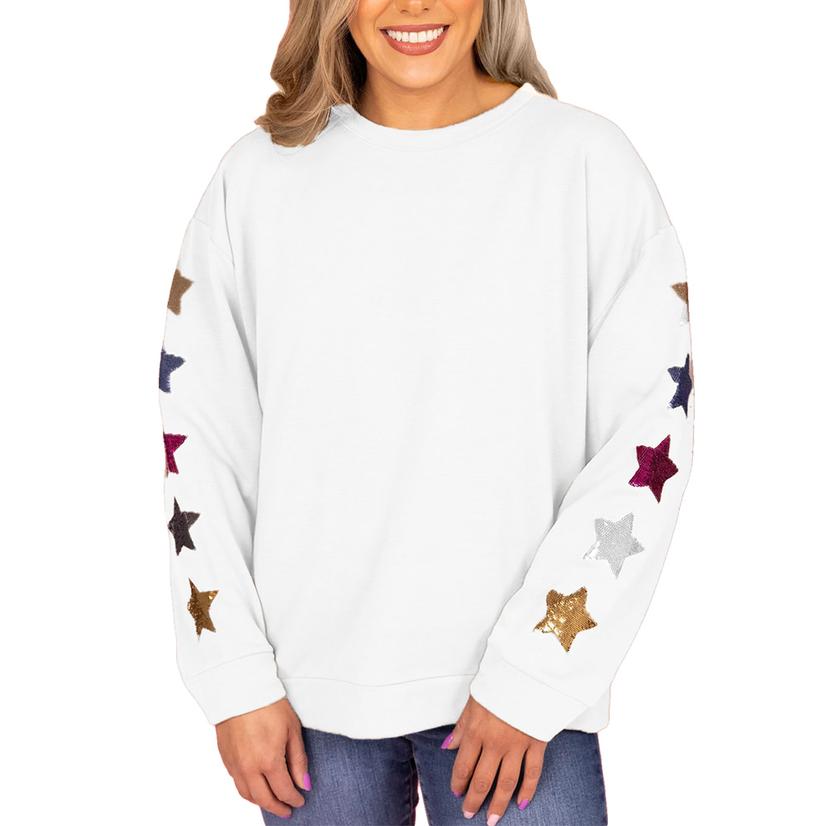 Mary Square Carson White Sequins Stars Women's Sweatshirt