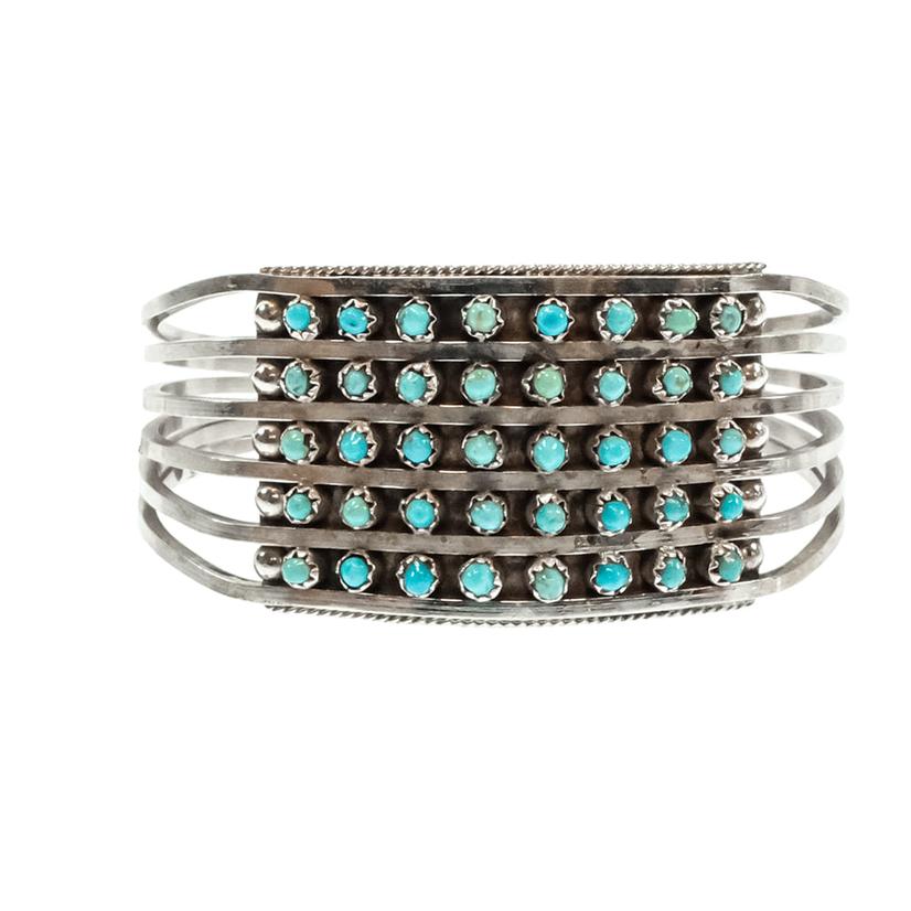 Cuff S.L. Native American Zuni Sterling Silver 5 Row Turquoise Cuff