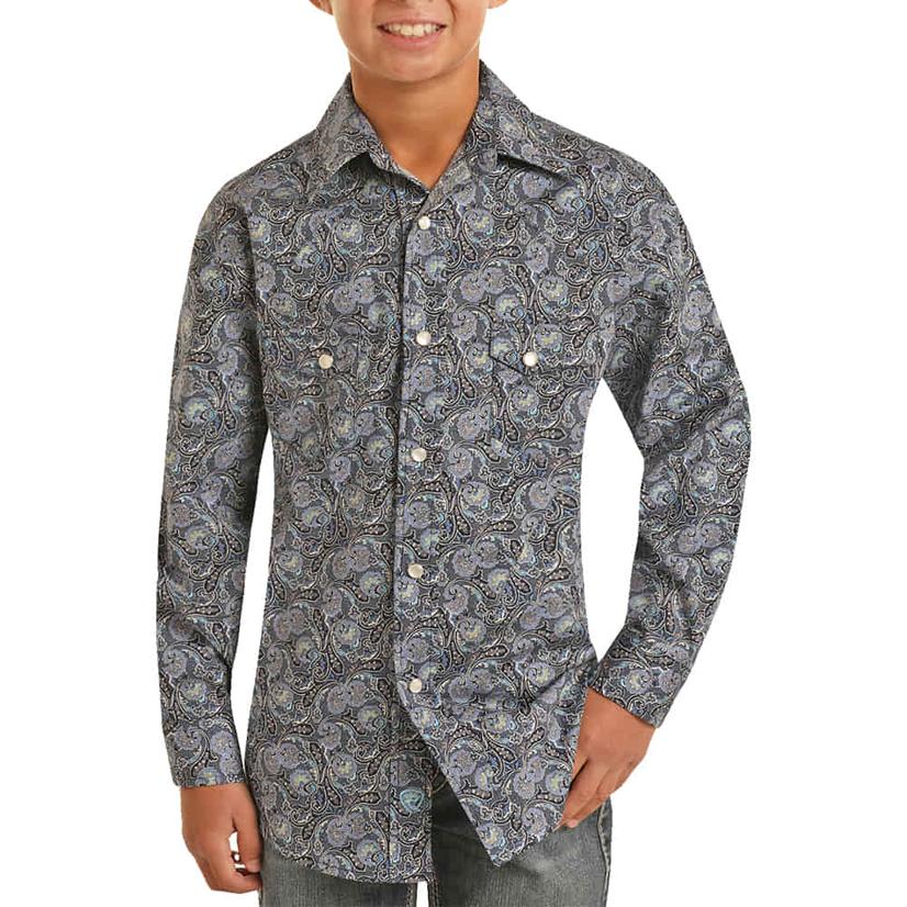 Rock & Roll Long Sleeve Boy's Snap Blue Paisley Shirt