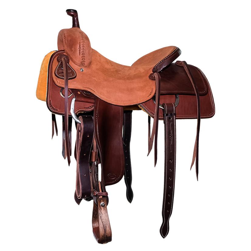 STT Half Natural Roughout Half Mahogany Slickout with Full Dot Border Ranch Cutter Saddle