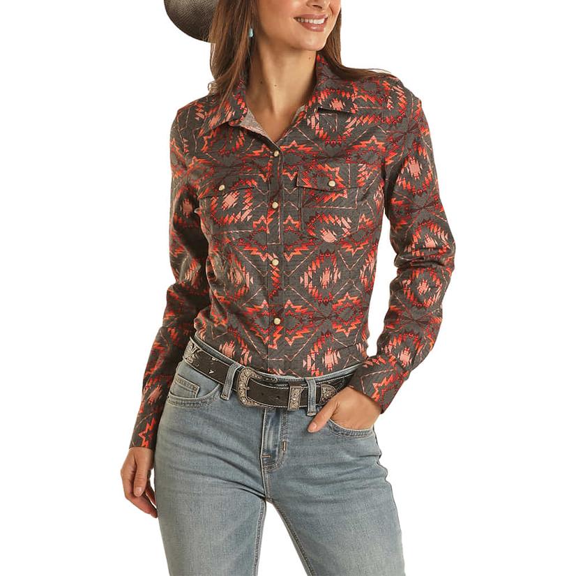 Rock and Roll Cowgirl Red Aztec Print Long Sleeve Women's Shirt