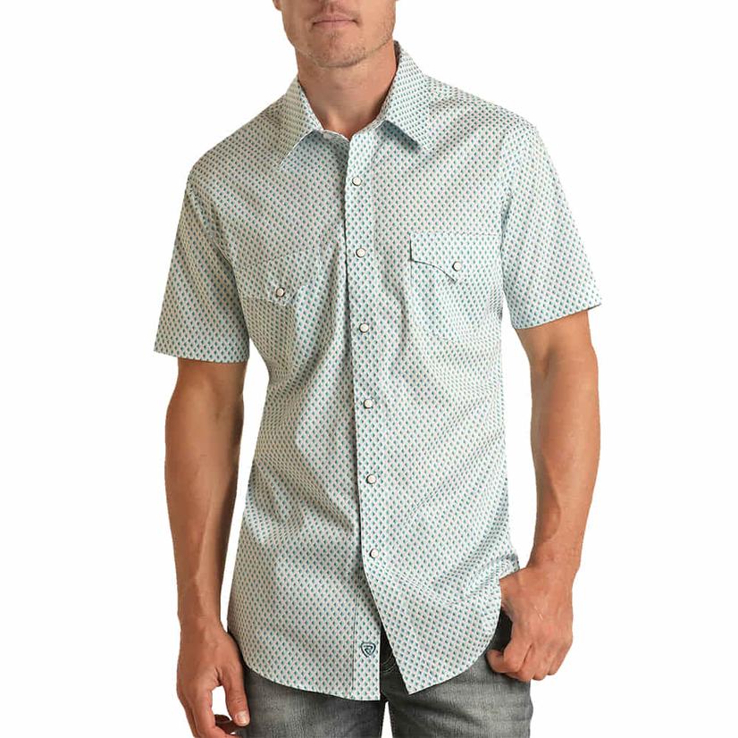 Rock & Roll Men's Short Sleeve Ditsy Geo Print Turquoise Snap