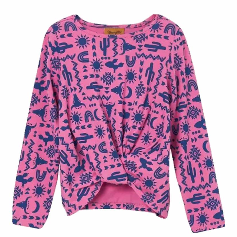 Wrangler Pink and Blue Printed Girl's Long Sleeve Twist Front Shirt