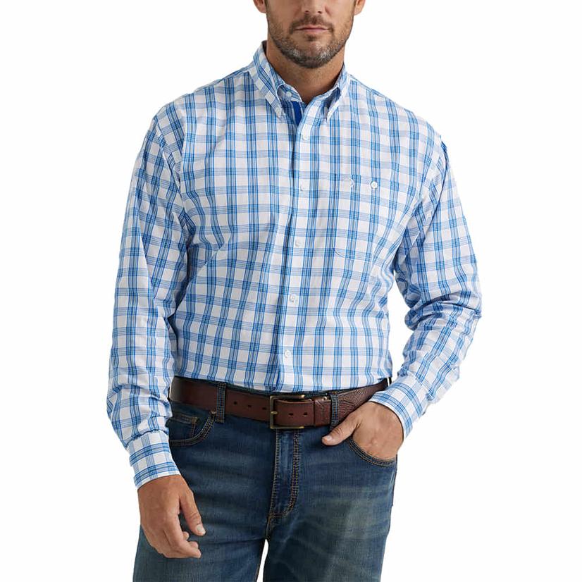 Wrangler Blue And White Plaid Long Sleeve Men's Shirts