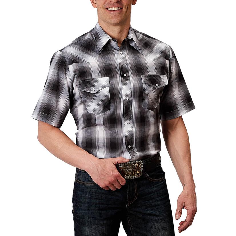 Roper Black and White Plaid Short Sleeve Pearl Snap Men's Shirt