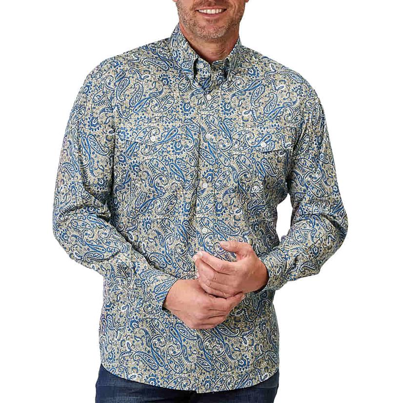 Roper Amarillo Collection Western Blues Paisley Print Long Sleeve Buttondown Men's Shirt