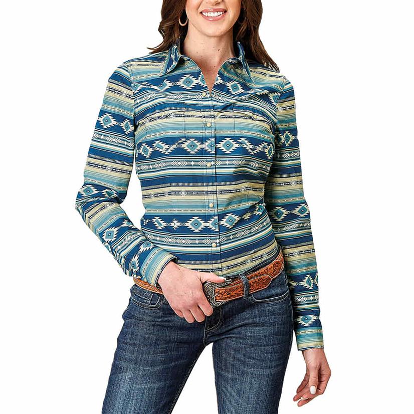 Roper West Made Collection Blue Aztec Long Sleeve Pearl Snap Women's Shirt