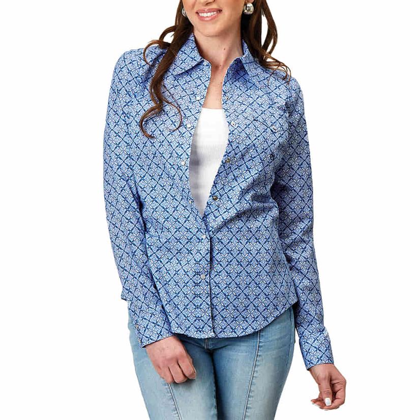 Roper Amarillo Collection Blue Printed Long Sleeve Pearl Snap Women's Shirt