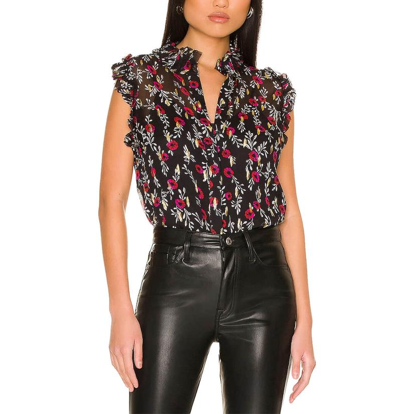 7 For All Mankind Black and Floral Sleeveless Ruffled Women's Top