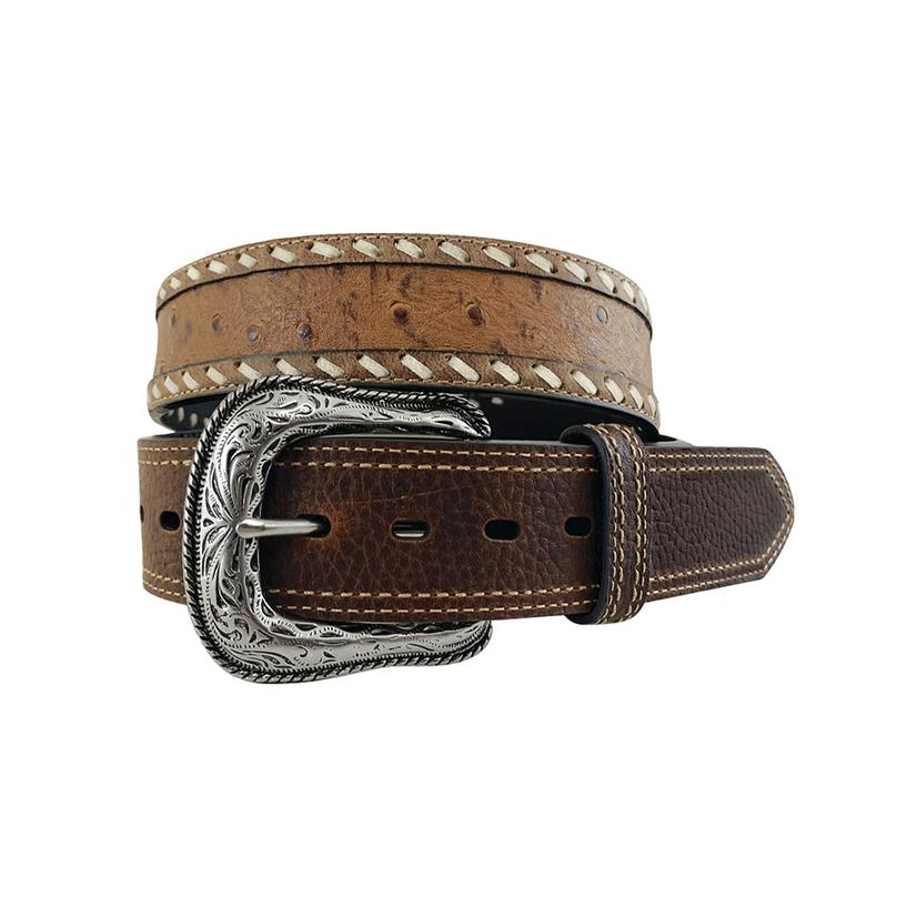 G Bar D Brown and Tan Ostrich Print Inlay Men's Belt