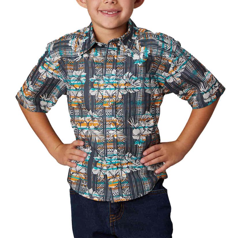 Roper Snap Floral Boy's Short Sleeve Shirt In Gray