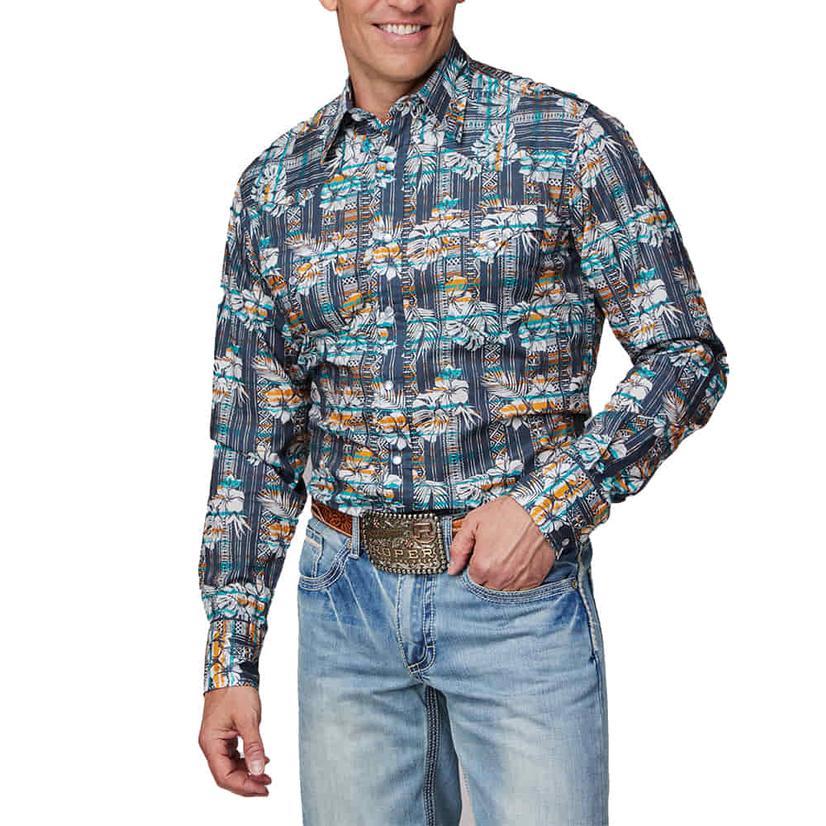 Roper Grey Flowered Long Sleeve Snap Men's Shirt