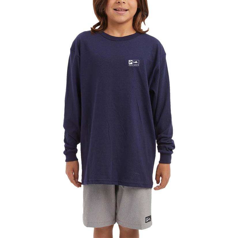 Pelagic Aquatek Goione Marlin Graphic Youth Boy's Long Sleeve Tee In Navy