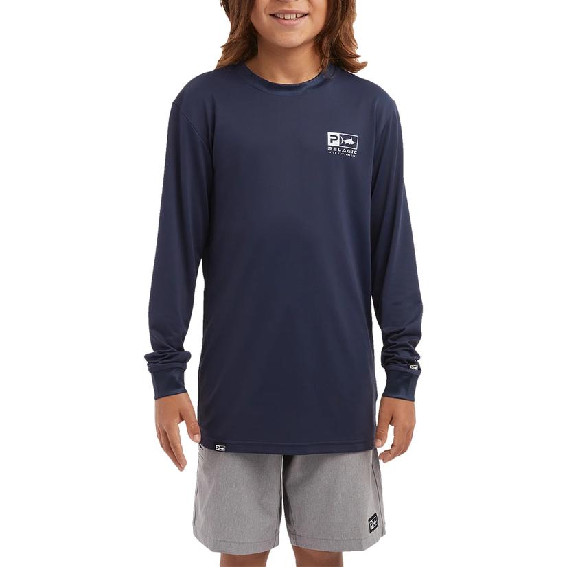 Pelagic Aquatek Goione Sailfish Graphic Youth Boy's Long Sleeve Tee In Navy