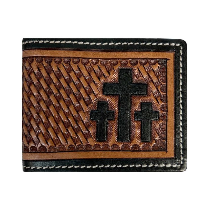 Western Fashion Accessories Brown Basket Tooled Hand Painted Triple Cross Money Clip