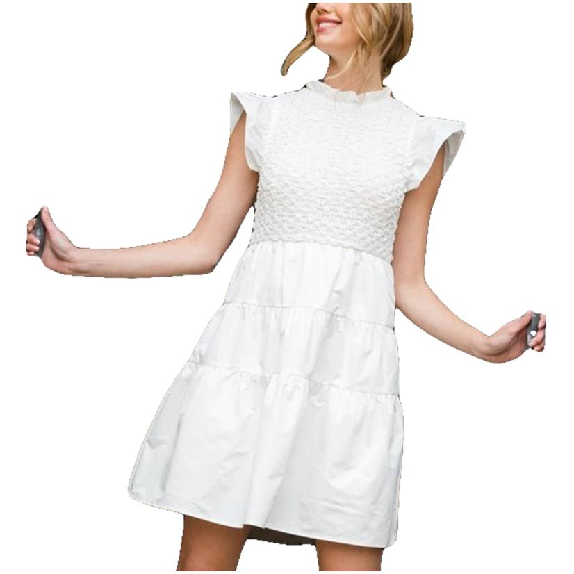 White Smocked Sleeveless Ruffled Dress