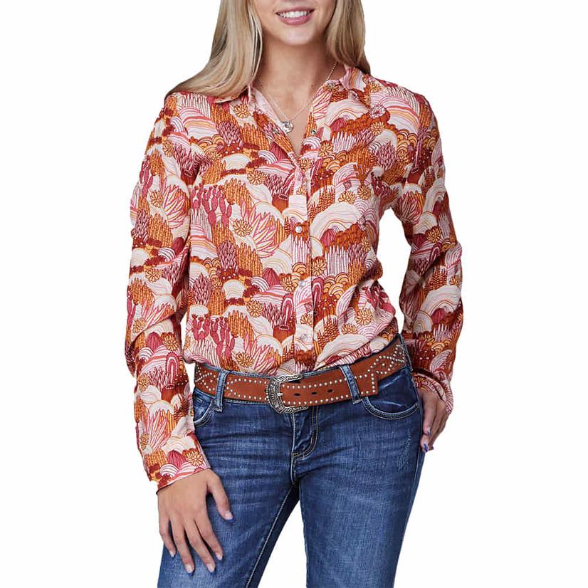 Roper Five Star Cactus Print Long Sleeve Snap Pink Women's Shirt