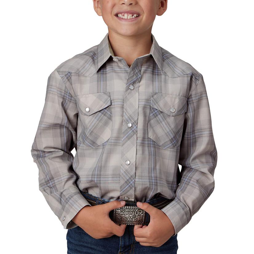 Roper Karman Classics Boy's Snap Long Sleeve Shirt In White Plaid