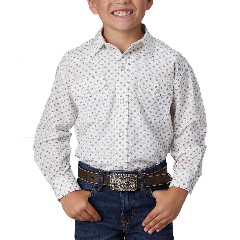 Roper Karman Classics Boy's Long Sleeve Snap Shirt In White and Grey