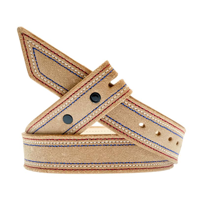 STT Saddle Shop Red White Blue Stitch Natural Roughout Belt