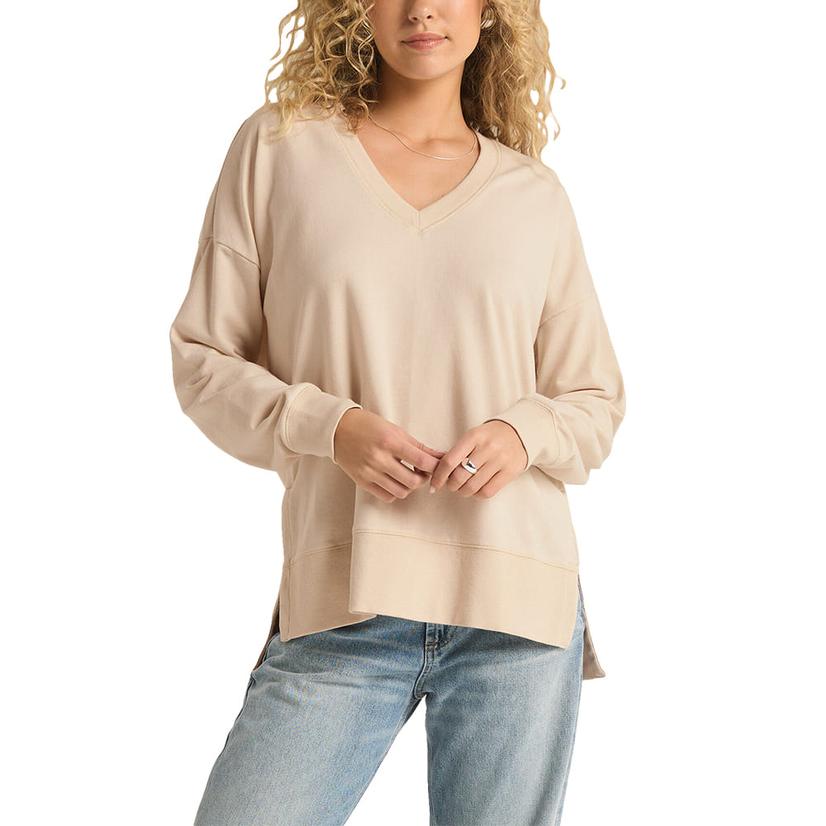 Z Supply Modern V-Neck Weekender Long Sleeve Women's Shirt In Fossil