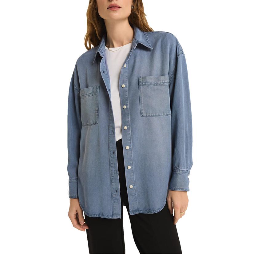 Z Supply Colbie Women's Top Long Sleeve Button-Down In Sun Bleached Indigo