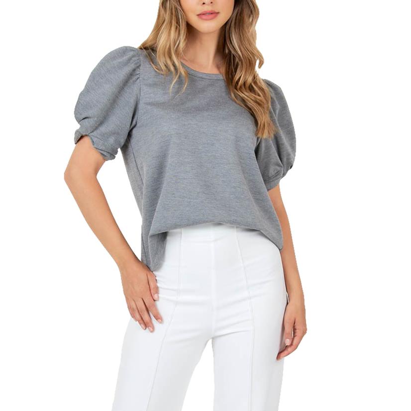 Caribbean Queen Basic Puff Sleeve Grey Women's Blouse