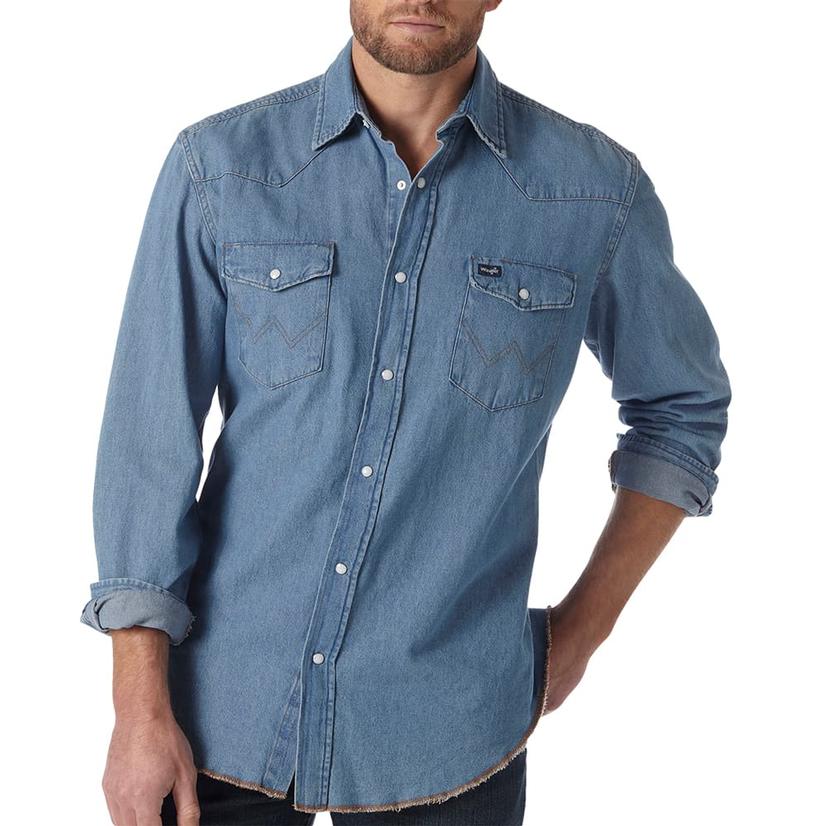 Wrangler Classic Fit Stonewash Denim Long Sleeve Snap Men's Work Shirt - Regular Sizes